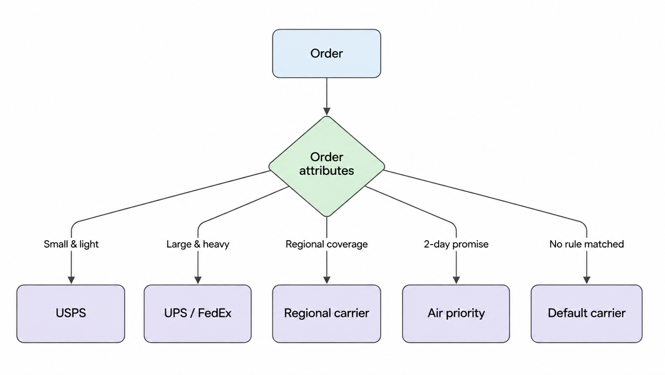 Flowchart: an order enters routing and is bucketed by attributes: small and light goes to USPS, large and heavy to UPS/FedEx, regional coverage to a regional carrier, 2-day promise to air priority, and no rule matched to the default carrier