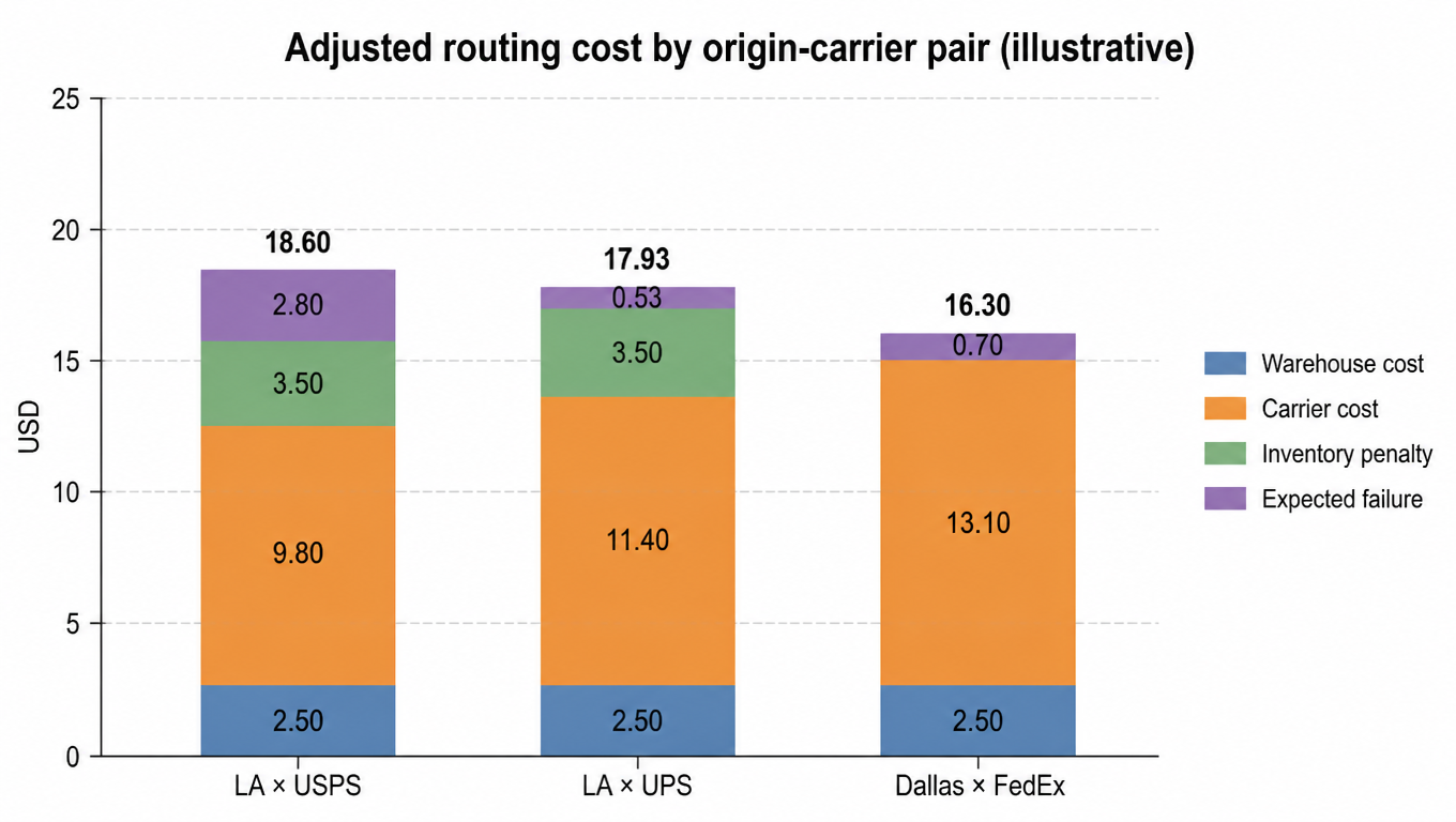 Stacked bar chart: adjusted routing cost breakdown for three origin-carrier pairs. Warehouse and carrier cost are comparable; inventory penalty and expected failure cost decide the winner (example, USD)