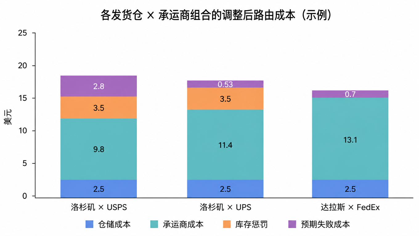 堆叠柱状图:三个发货仓×承运商组合的调整后路由成本拆解,仓储成本与承运商成本相同档,库存惩罚与预期失败成本拉开差距(示例,美元)