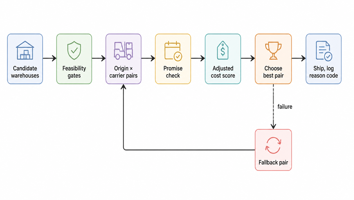 Flowchart: candidate warehouses to feasibility gates to origin-carrier pairs to promise check to adjusted cost score to choose best pair to ship and log a reason code, with a fallback pair loop on failure