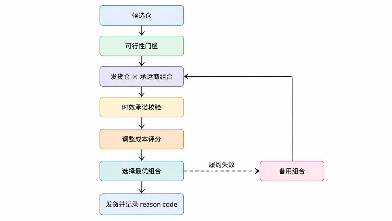 流程图:候选仓 → 可行性门槛 → 发货仓×承运商组合 → 时效承诺校验 → 调整成本评分 → 选择最优组合 → 发货并记录 reason code;失败时走备用组合回路