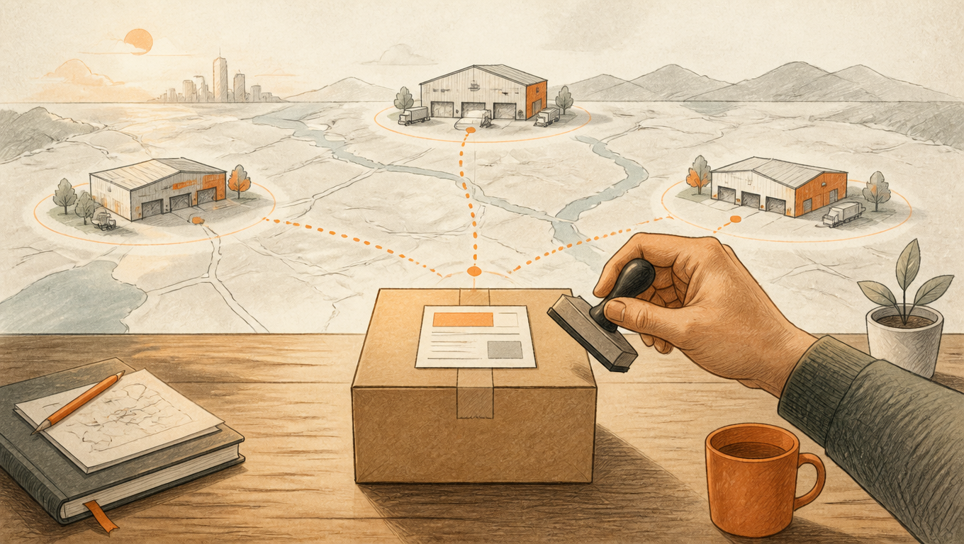 A hand stamps a parcel label before a U.S. map and three warehouse buildings.