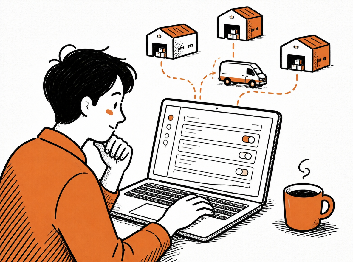 Seller reviews routing rules on a laptop beneath warehouse and delivery truck icons.