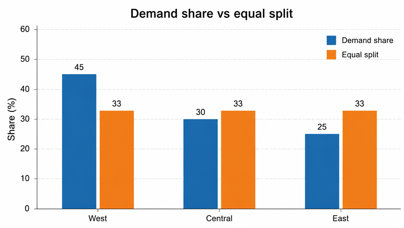 Bar chart comparing demand share vs equal split: West 45% vs 33%, Central 30% vs 33%, East 25% vs 33%
