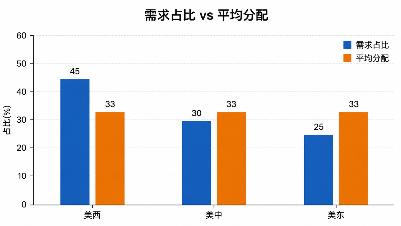 柱状图：需求占比 vs 平均分配，美西 45% 对 33%、美中 30% 对 33%、美东 25% 对 33%