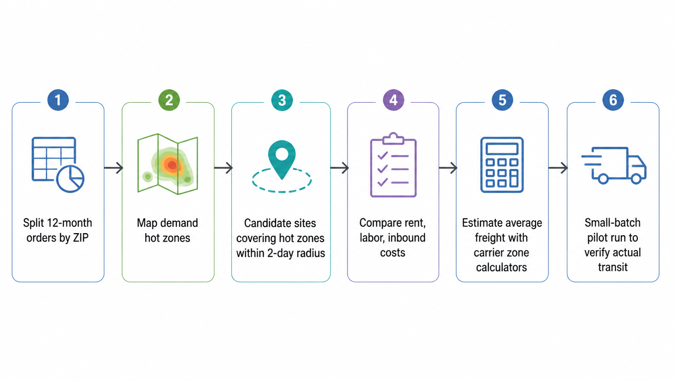 Flowchart of the five-step site selection process: split 12-month orders by ZIP, map demand hot zones, screen candidate sites covering hot zones within the 2-day radius, compare rent and labor and inbound costs, estimate average freight with carrier zone calculators, run a small-batch pilot to verify actual transit