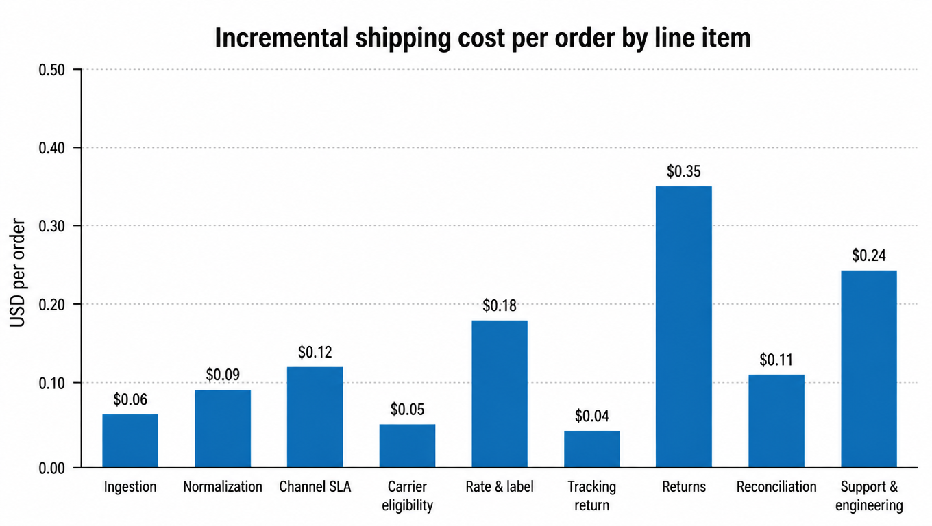 Bar chart: incremental shipping cost per order by line item, returns 0.35 USD highest, then support and engineering 0.24 USD, rate and label 0.18 USD