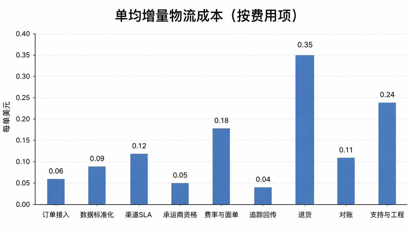 柱状图：按费用项拆解的单均增量物流成本，退货 0.35 美元最高，其次支持与工程 0.24 美元、费率与面单 0.18 美元