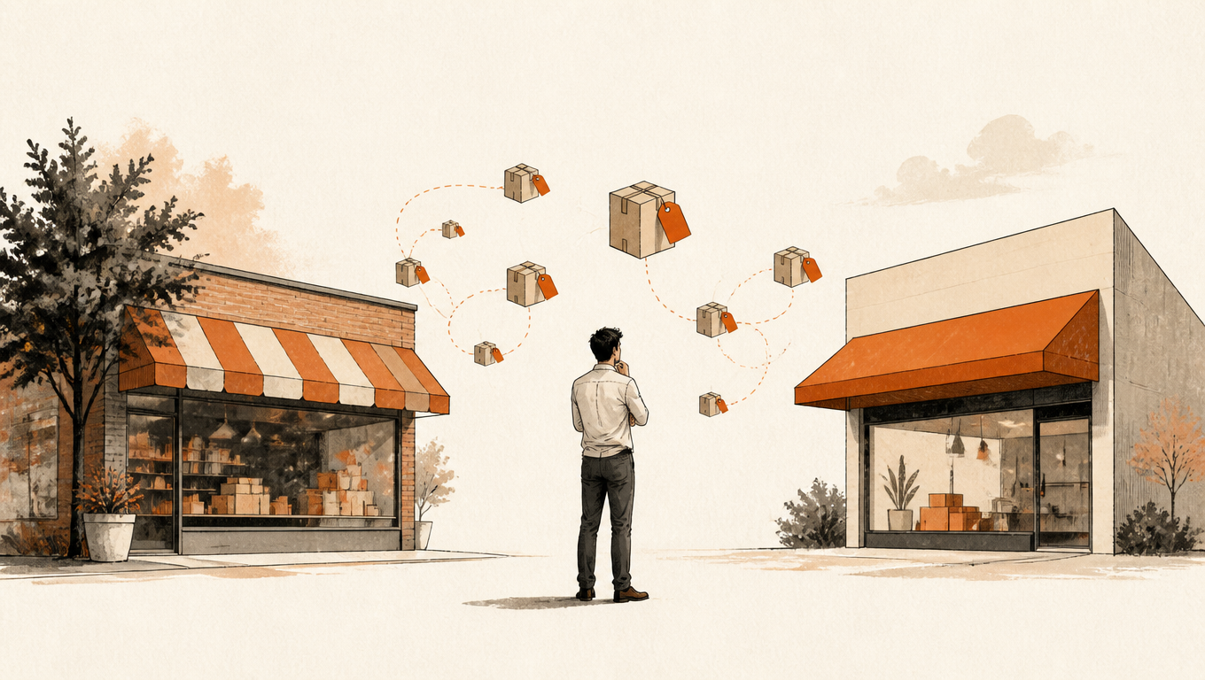 Seller stands between a familiar storefront and a new one, with parcel-shaped price tags in between.