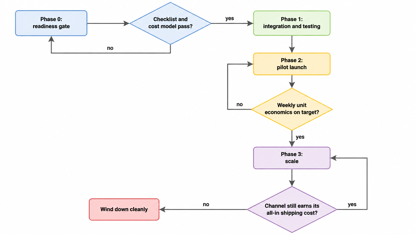 Flowchart: Phase 0 readiness gate, when checklist and cost model pass go to Phase 1 integration and testing, then Phase 2 pilot launch, scale only when weekly unit economics are on target, wind down cleanly when the channel stops earning its all-in shipping cost