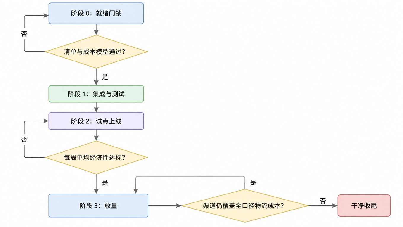 流程图：阶段 0 就绪门禁，清单与成本模型通过后进入阶段 1 集成与测试，再到阶段 2 试点上线，每周单均经济性达标才进入阶段 3 放量，放量后若渠道不再覆盖全口径物流成本则干净收尾