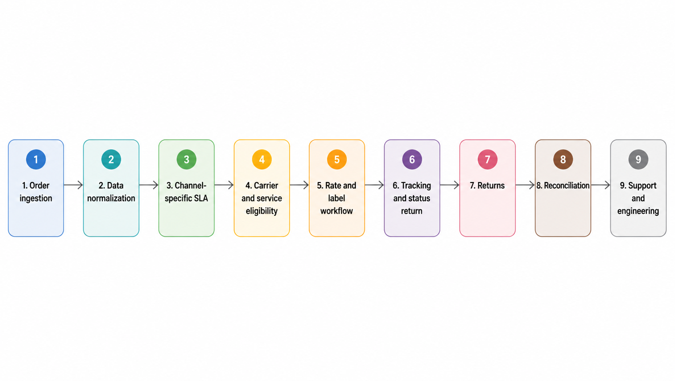 Flowchart: order ingestion, data normalization, channel-specific SLA, carrier and service eligibility, rate and label workflow, tracking and status return, returns, reconciliation, support and engineering, nine steps in sequence
