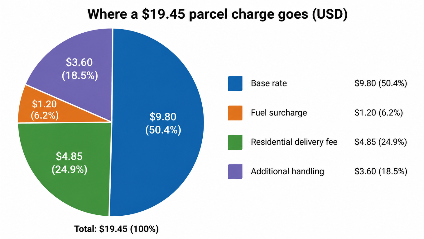 Pie chart of where a $19.45 parcel charge goes: base rate $9.80, fuel surcharge $1.20, residential delivery fee $4.85, additional handling $3.60
