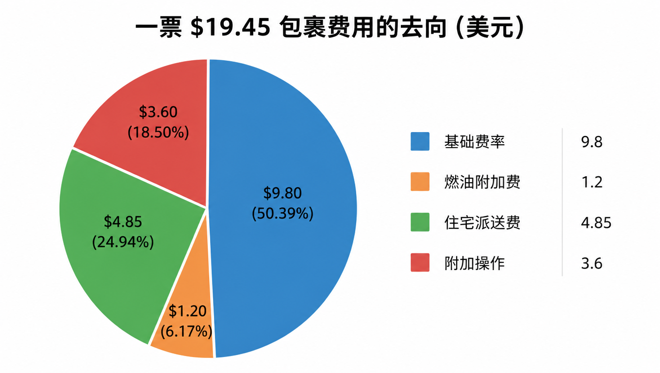 饼图:一票 19.45 美元包裹费用的构成,基础费率 9.80 美元、燃油附加费 1.20 美元、住宅派送费 4.85 美元、附加操作 3.60 美元