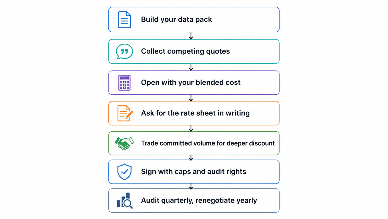 Flowchart of the negotiation playbook: build the data pack, collect competing quotes, open with your blended cost, ask for the rate sheet in writing, trade committed volume for deeper discount, sign with caps and audit rights, audit quarterly and renegotiate yearly