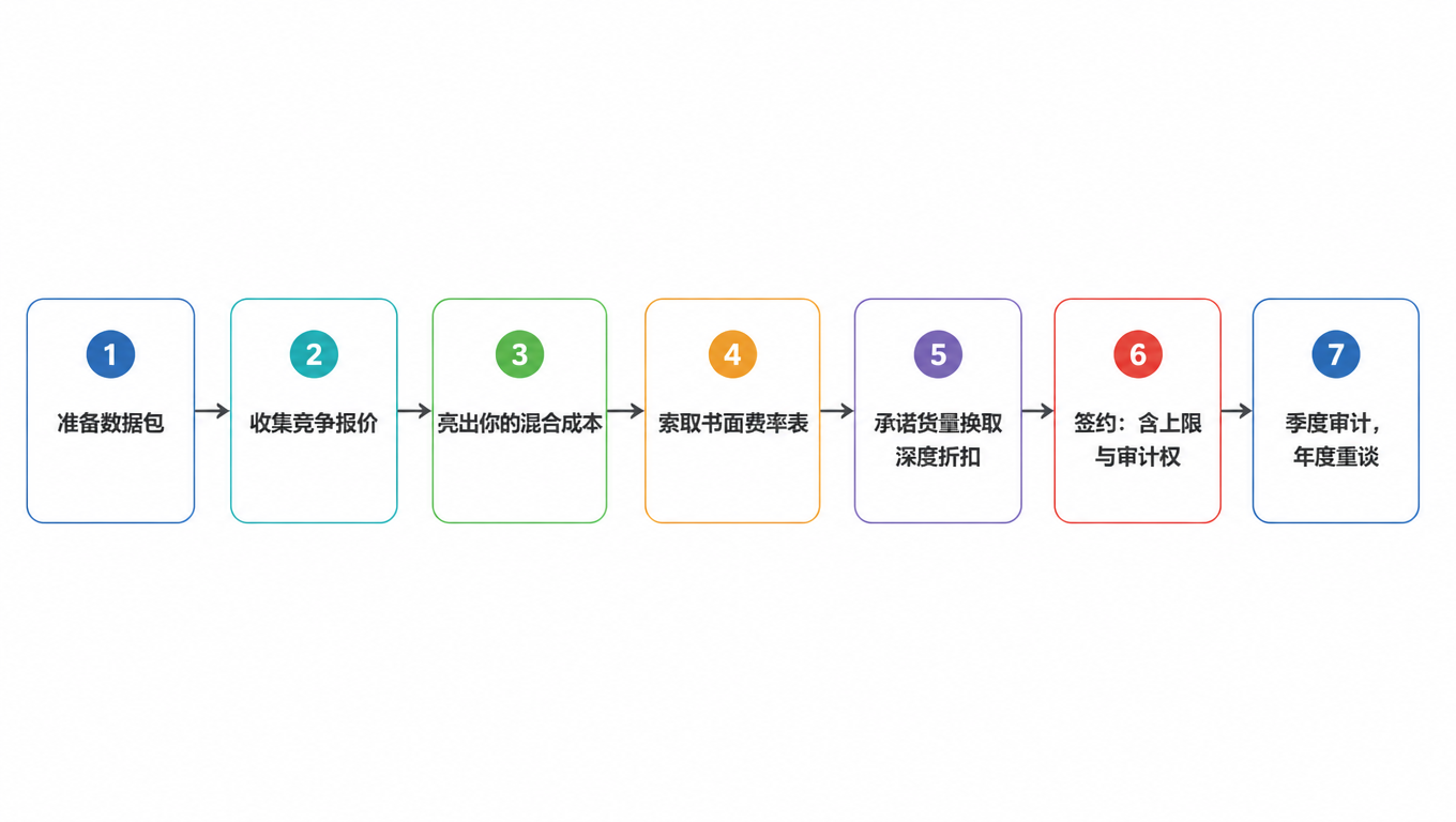谈判流程图:准备数据包、收集竞争报价、亮出混合成本、索取书面费率表、承诺货量换取深度折扣、签约(含上限与审计权)、季度审计与年度重谈