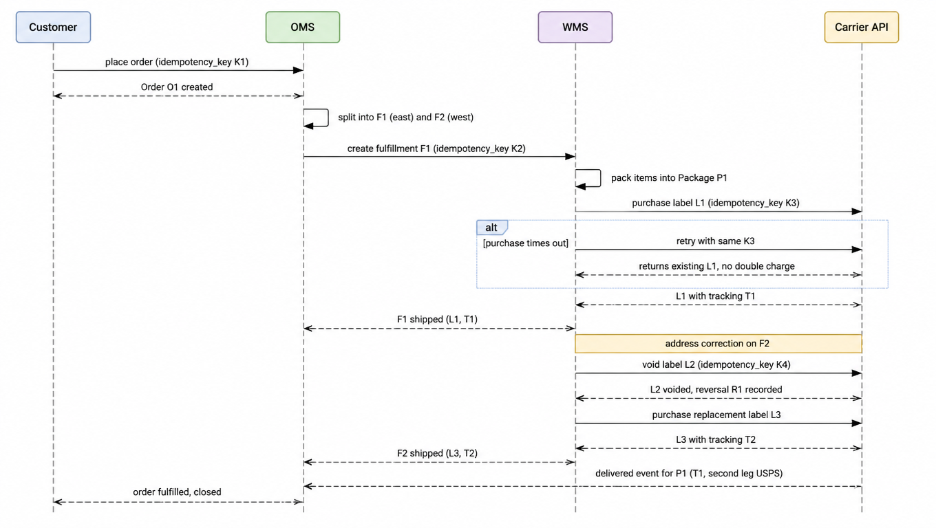 Sequence diagram of order splitting, packing, label purchase, idempotent retries, void reversals and tracking events.