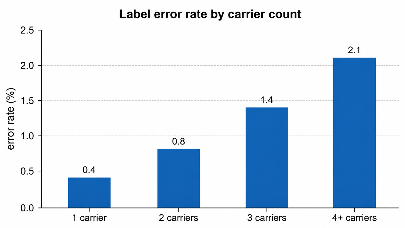 Bar chart: label error rate by carrier count, 1 carrier 0.4%, 2 carriers 0.8%, 3 carriers 1.4%, 4+ carriers 2.1%