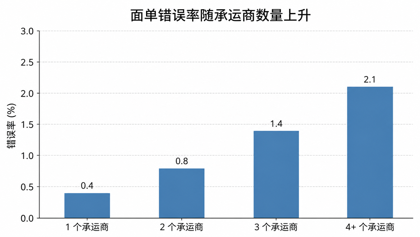 柱状图：面单错误率随承运商数量上升，1 个承运商 0.4%、2 个 0.8%、3 个 1.4%、4 个以上 2.1%
