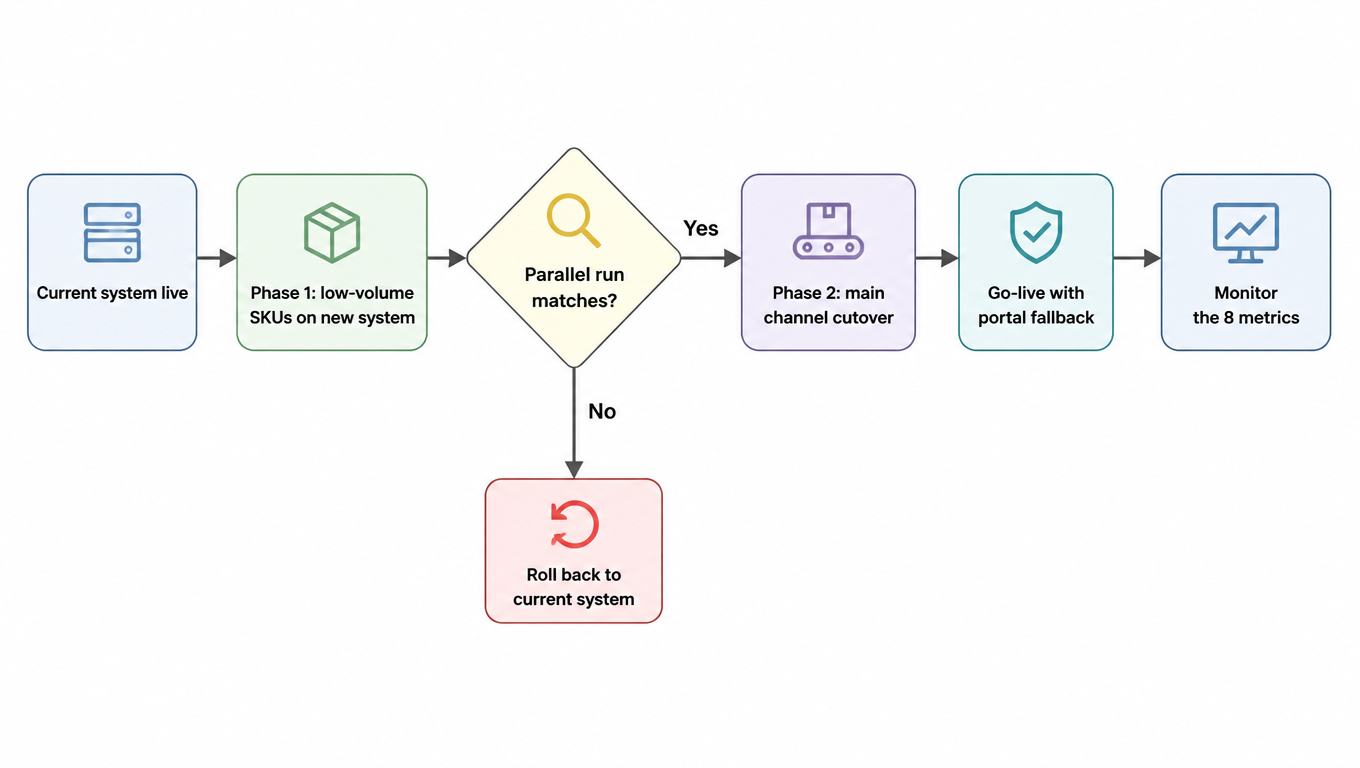 Flowchart: current system live, phase 1 low-volume SKUs on the new system, parallel run decision, rollback or main-channel cutover, go-live with portal fallback, monitor the 8 metrics