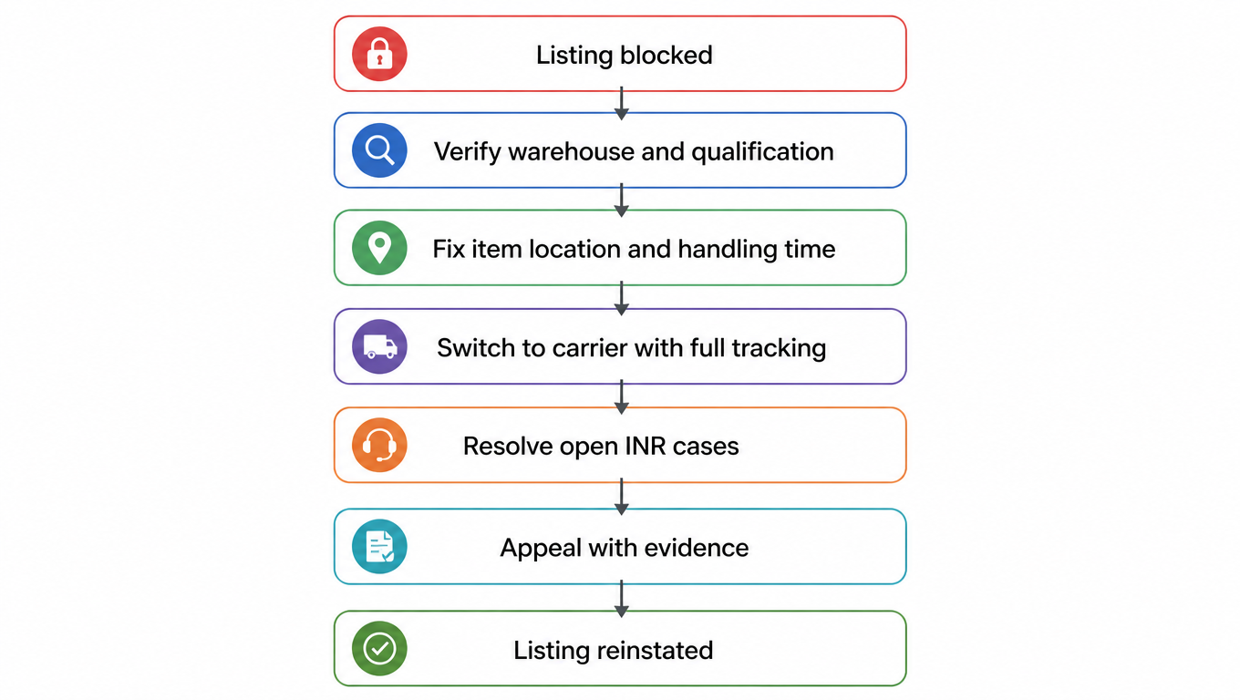 Unblock flow diagram: listing blocked, verify warehouse and overseas warehouse qualification, fix item location and handling time, switch to an eBay-integrated carrier with full tracking, resolve open INR cases, appeal with evidence, listing reinstated
