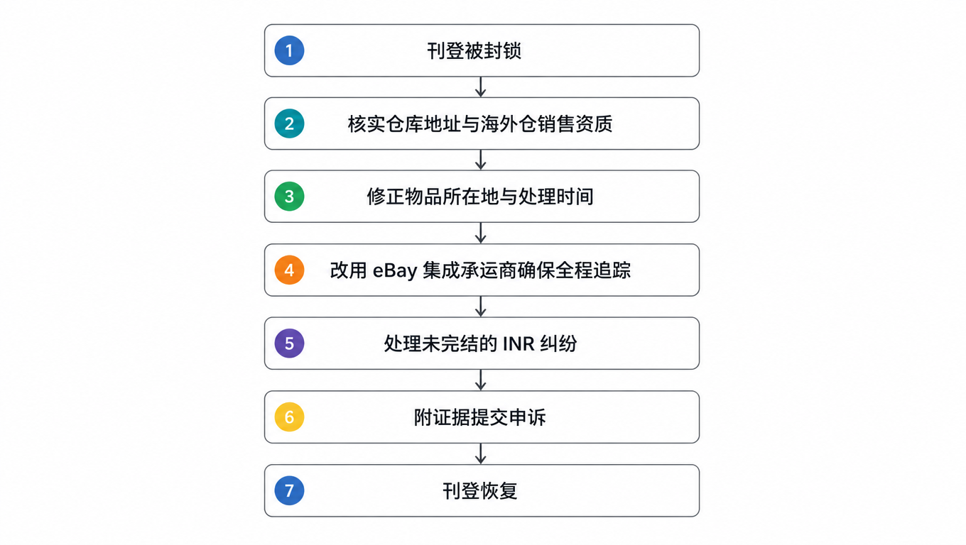 解封流程图:刊登被封锁后,核实仓库地址与海外仓销售资质,修正物品所在地与处理时间,改用 eBay 集成承运商确保全程追踪,处理未完结的 INR 纠纷,附证据提交申诉,刊登恢复