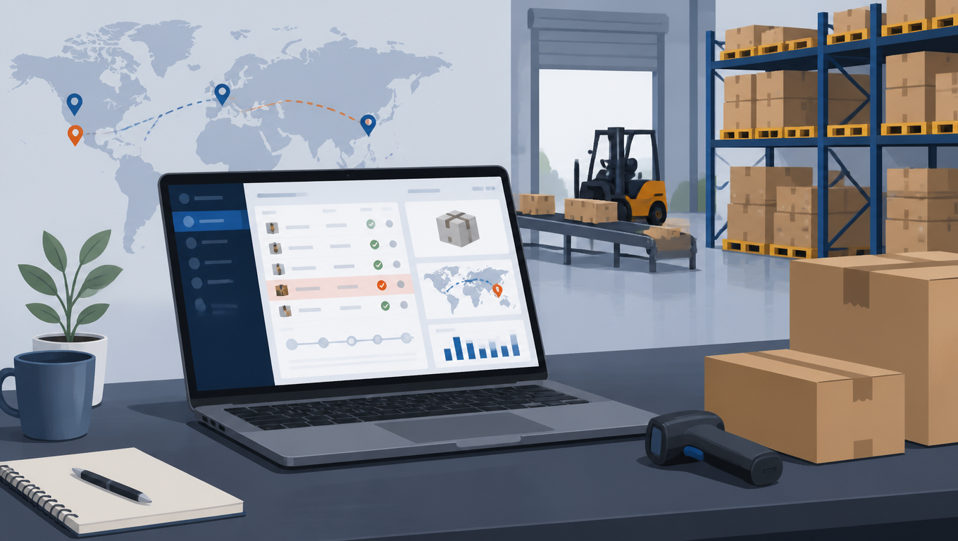 Cross-border seller workstation with shipping alerts on a laptop beside boxes and warehouse shelves.