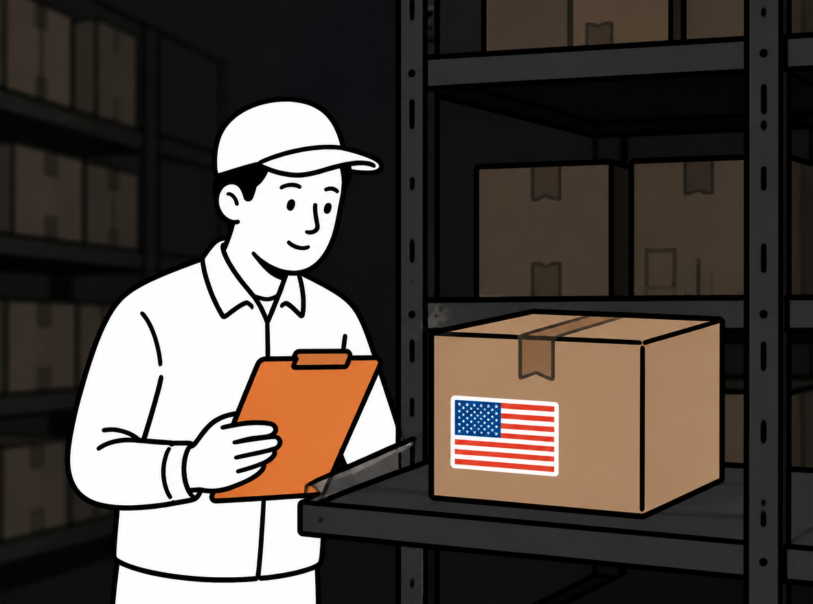 Inspector with a clipboard watches a parcel bearing a U.S. flag sticker being packed in a warehouse.