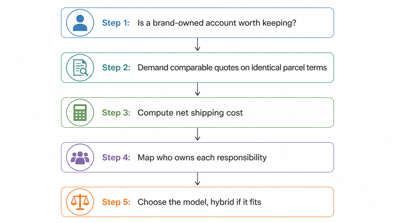 Flowchart: Step 1 decide whether a brand-owned account is worth keeping, Step 2 demand comparable quotes on identical parcel terms, Step 3 compute net shipping cost, Step 4 map who owns each responsibility, Step 5 choose the model, hybrid if it fits