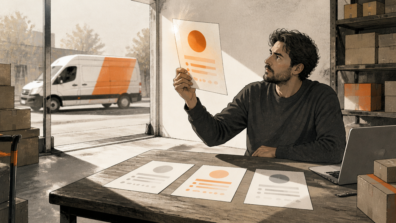 Brand founder compares three shipping quotations at a warehouse desk as a delivery van passes outside.