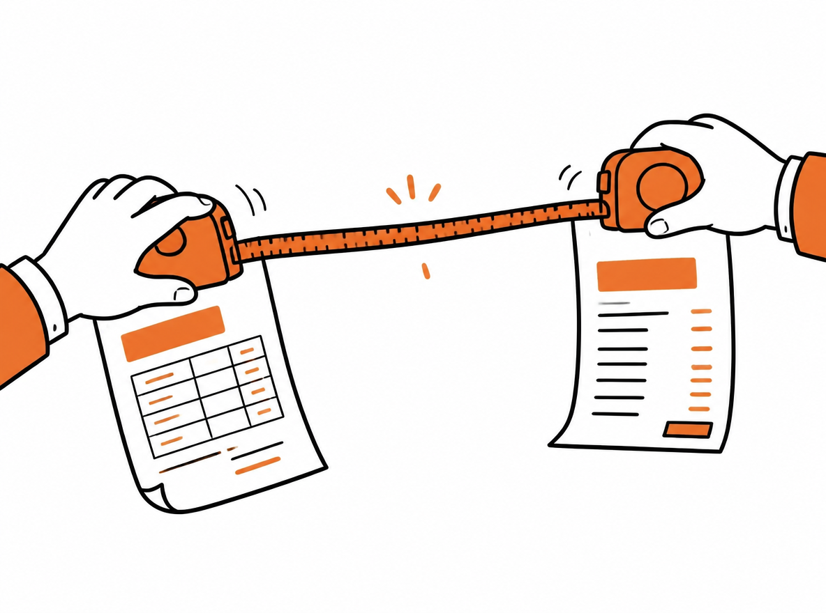 Two hands stretch a tape measure between a rate card and an invoice.