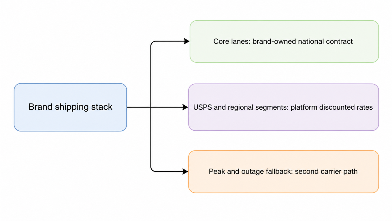 Diagram: a brand shipping stack splits into three paths, core lanes on a brand-owned national contract, USPS and regional segments on platform discounted rates, and peak and outage fallback on a second carrier path