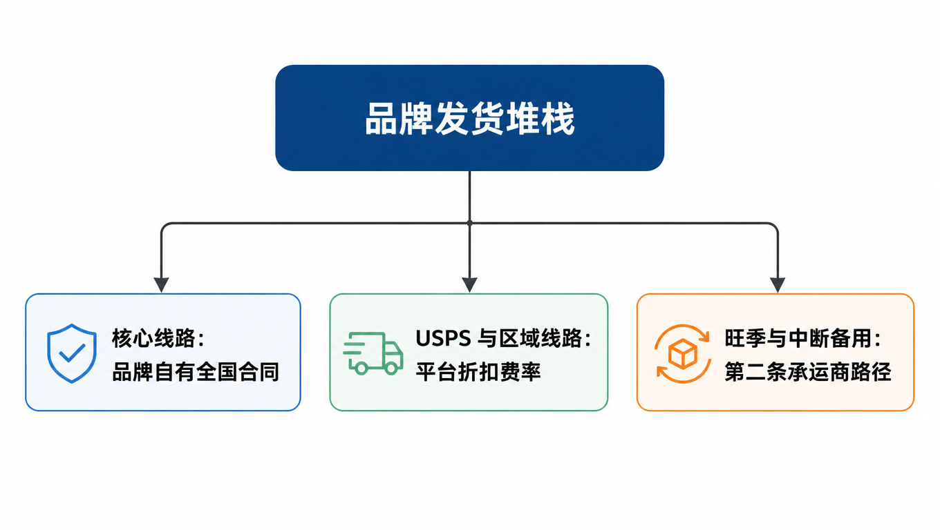 结构图:品牌发货堆栈分为三条路径,核心线路走品牌自有全国合约,USPS 与区域线路走平台折扣费率,旺季与中断备用走第二条承运商路径
