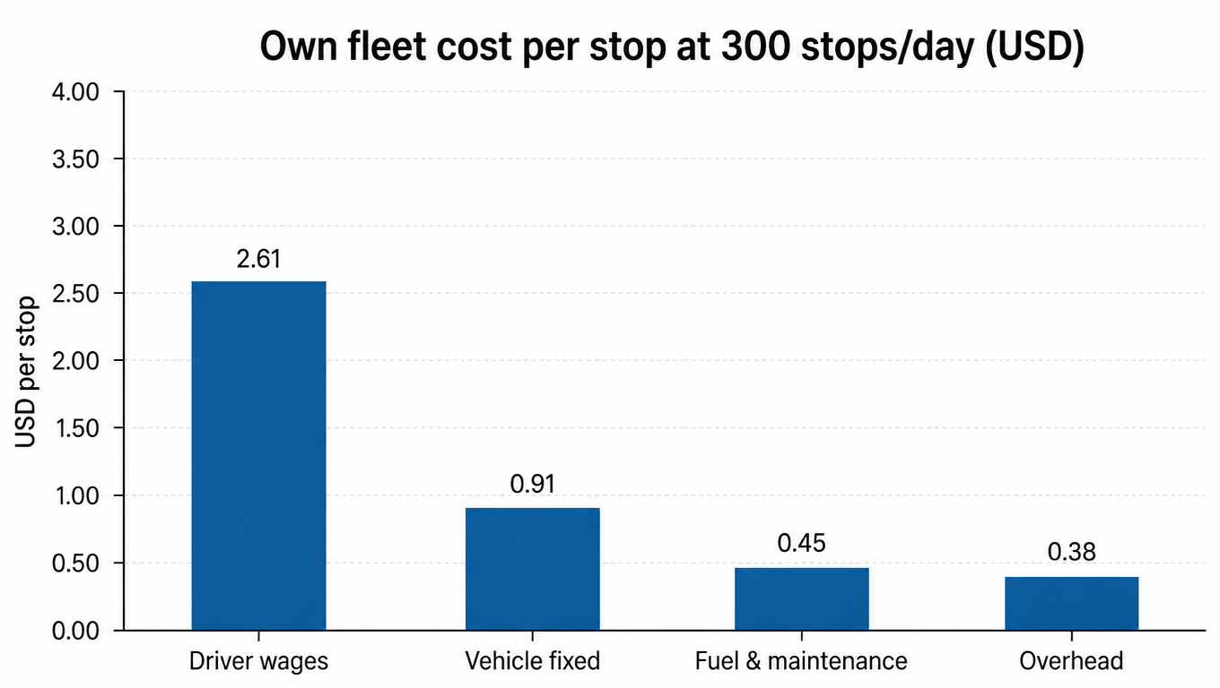 Bar chart: own fleet cost per stop at 300 stops per day, driver wages 2.61, vehicle fixed 0.91, fuel and maintenance 0.45, overhead 0.38, about 4.35 USD total
