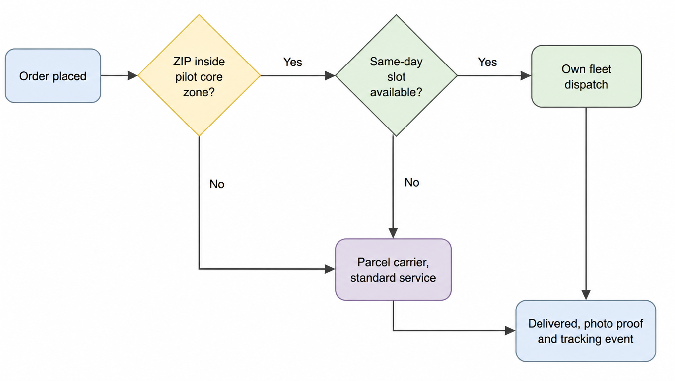 Decision flow: order placed, is destination ZIP inside the pilot core zone, if yes is a same-day slot available, if yes own fleet dispatch then delivered with photo proof and tracking event, otherwise parcel carrier standard service