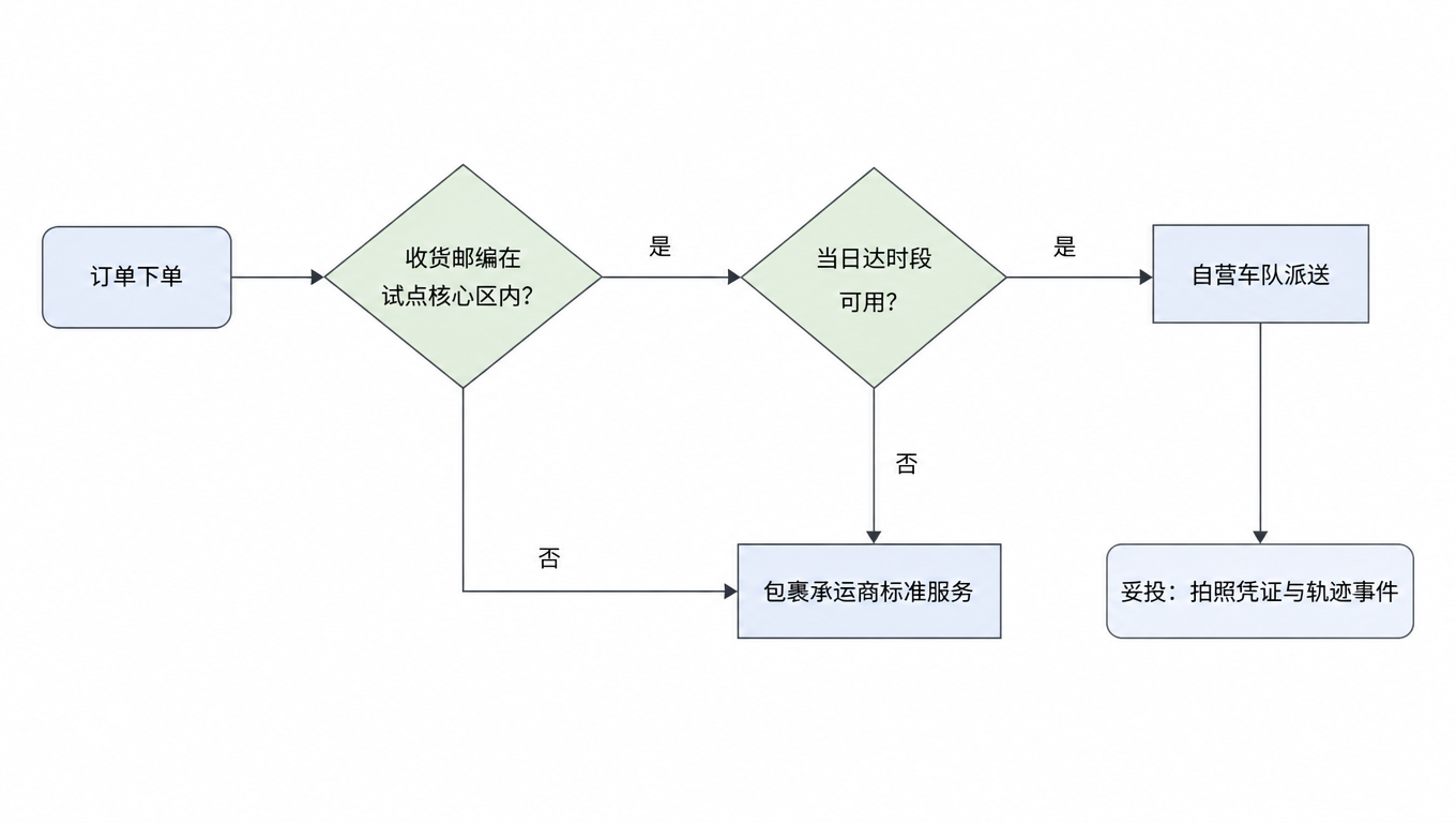 决策流程图:订单下单,收货邮编是否在试点核心区内,是则看当日达时段是否可用,可用则自营车队派送并妥投(拍照凭证与轨迹事件),不可用或不在区域内则走快递承运商标准服务