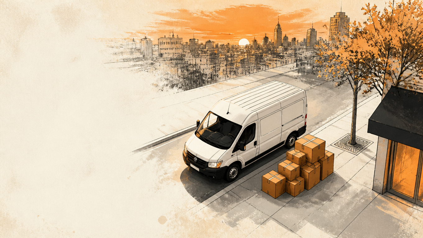 Small delivery van beside a neat stack of parcels on a city street at dusk.