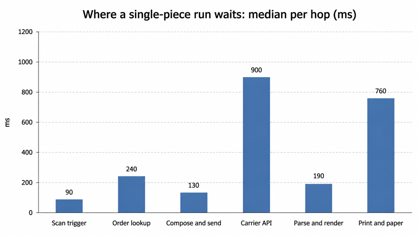 Bar chart: where a single-piece run waits by median per hop, scan trigger 90, order lookup 240, compose and send 130, carrier API 900, parse and render 190, print and paper 760 ms, with the carrier round trip the longest