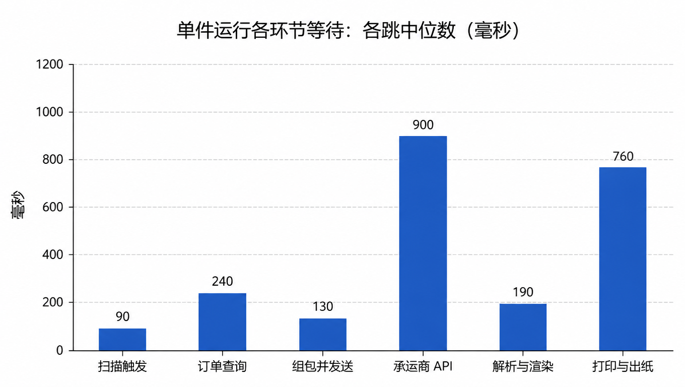 柱状图:单件运行各环节等待的中位数,扫描触发 90、订单查询 240、组包并发送 130、承运商 API 900、解析与渲染 190、打印与出纸 760 毫秒,承运商往返最长