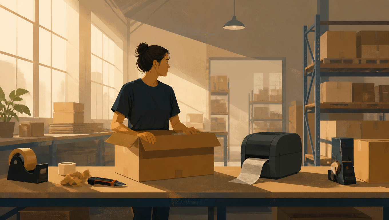Warehouse packer waits for a thermal label printer beside a partly packed box.