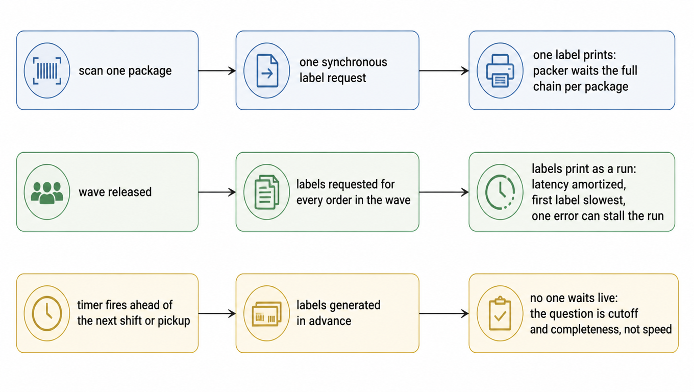 Flowchart: per-piece trigger scans one package and issues one synchronous label request that prints one label, batch trigger requests labels for the whole wave and prints them as a run with the first label slowest and one error able to stall the run, scheduled batch fires on a timer ahead of the next shift or pickup so nobody waits live
