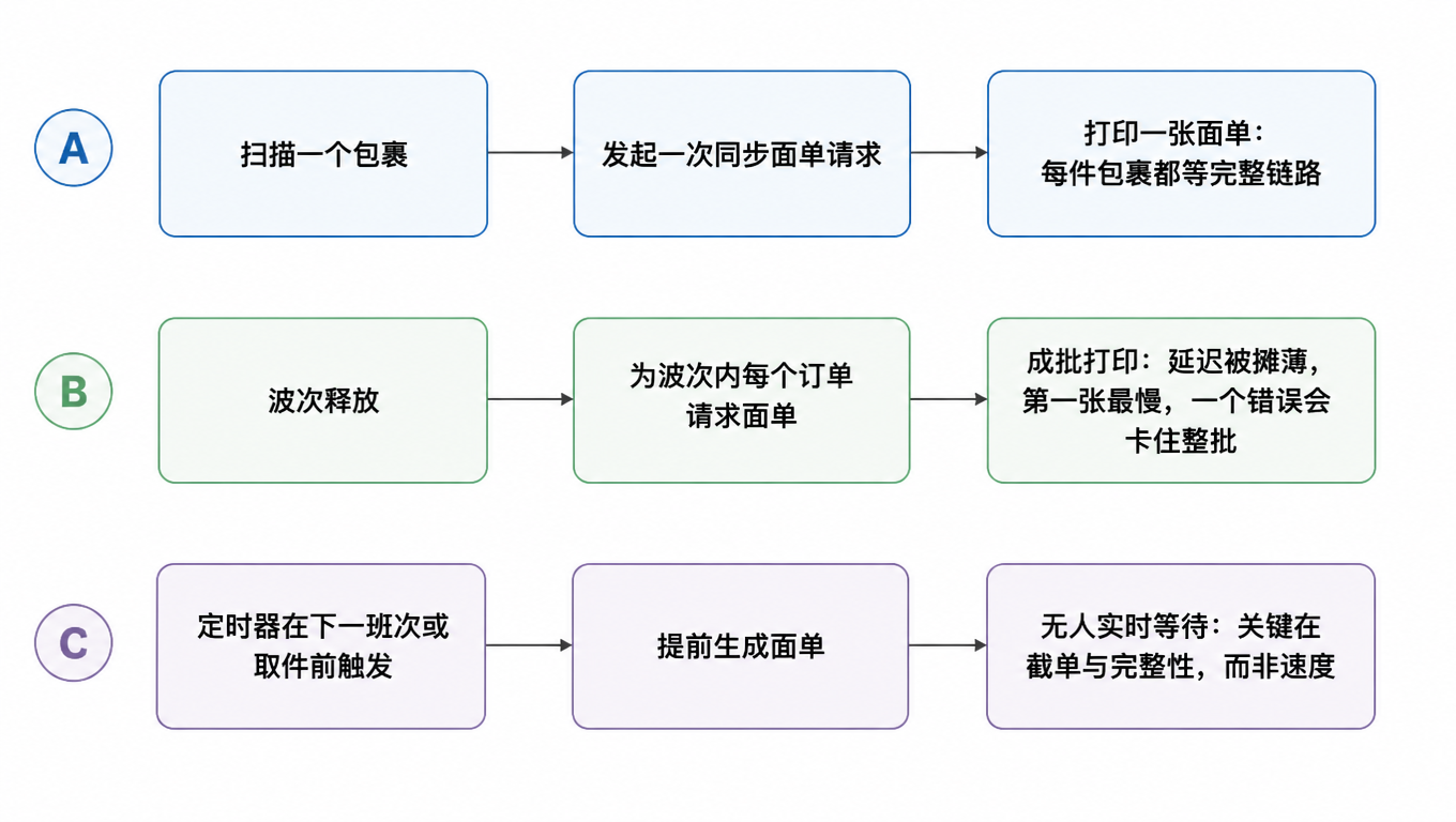 流程图:单件触发为扫描一个包裹后发起一次同步面单请求并打印一张面单;波次触发为整批请求面单并成批打印,第一张最慢、一个错误可卡住整批;定时批量在下一班次或取件前提前生成,无人实时等待