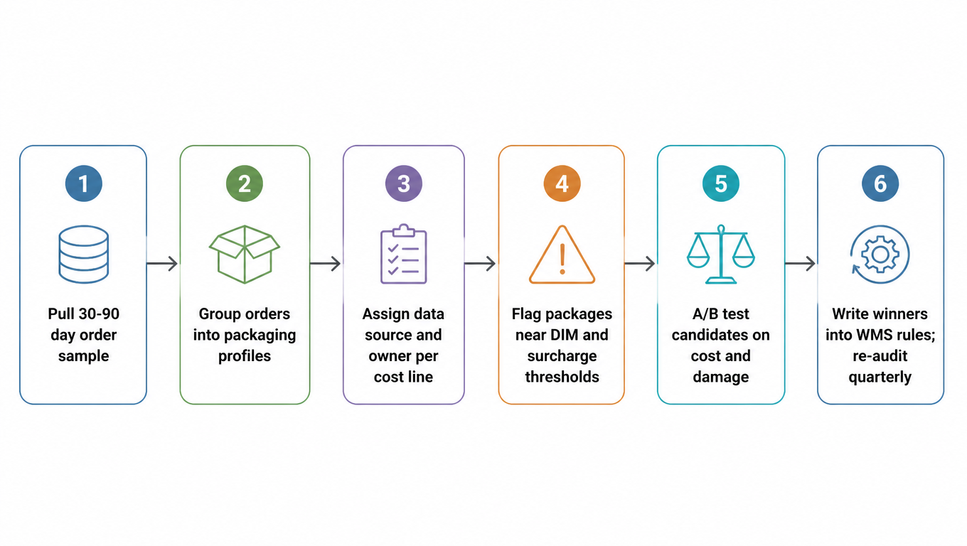 Flowchart: pull a 30 to 90 day order sample, group orders into packaging profiles, assign a data source and owner per cost line, flag packages near DIM and surcharge thresholds, A/B test candidates on cost and damage, write winners into WMS rules and re-audit quarterly