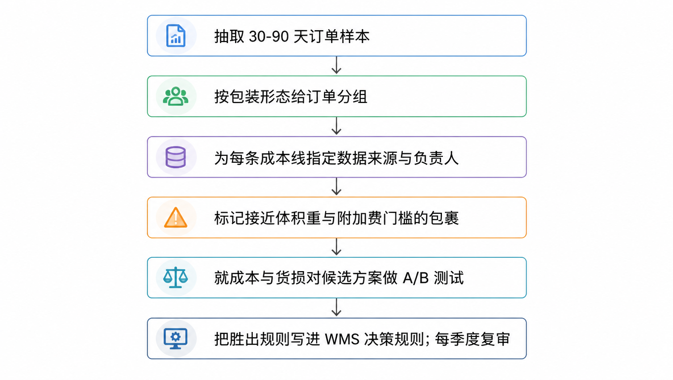 流程图:抽取 30 到 90 天订单样本 → 按包装形态给订单分组 → 为每条成本线指定数据来源与负责人 → 标记接近体积重与附加费门槛的包裹 → 就成本与货损对候选方案做 A/B 测试 → 把胜出规则写进 WMS 决策规则并每季度复审