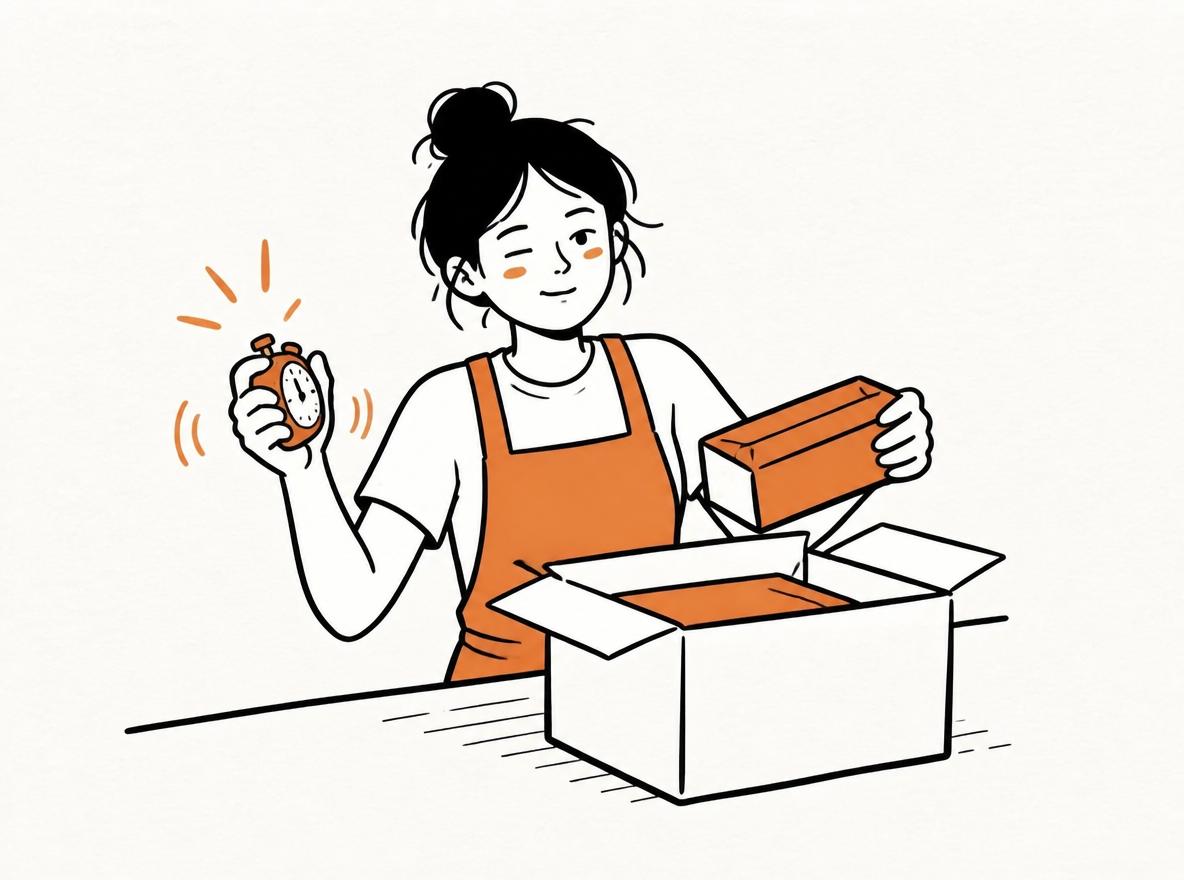 Packer times a packing task with a stopwatch while holding a partly packed box.