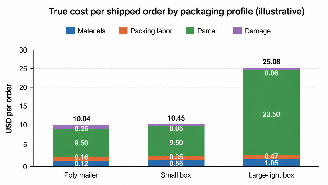 Stacked bar chart: true cost per shipped order by packaging profile, poly mailer 10.04, small box 10.45, large-light box 25.08, with the parcel line dominating the last profile