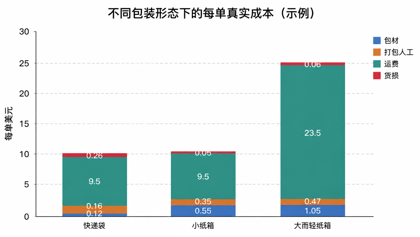 堆叠柱状图:三种包装形态下的每单真实成本构成,快递袋 10.04、小纸箱 10.45、大而轻纸箱 25.08,其中运费占绝对大头