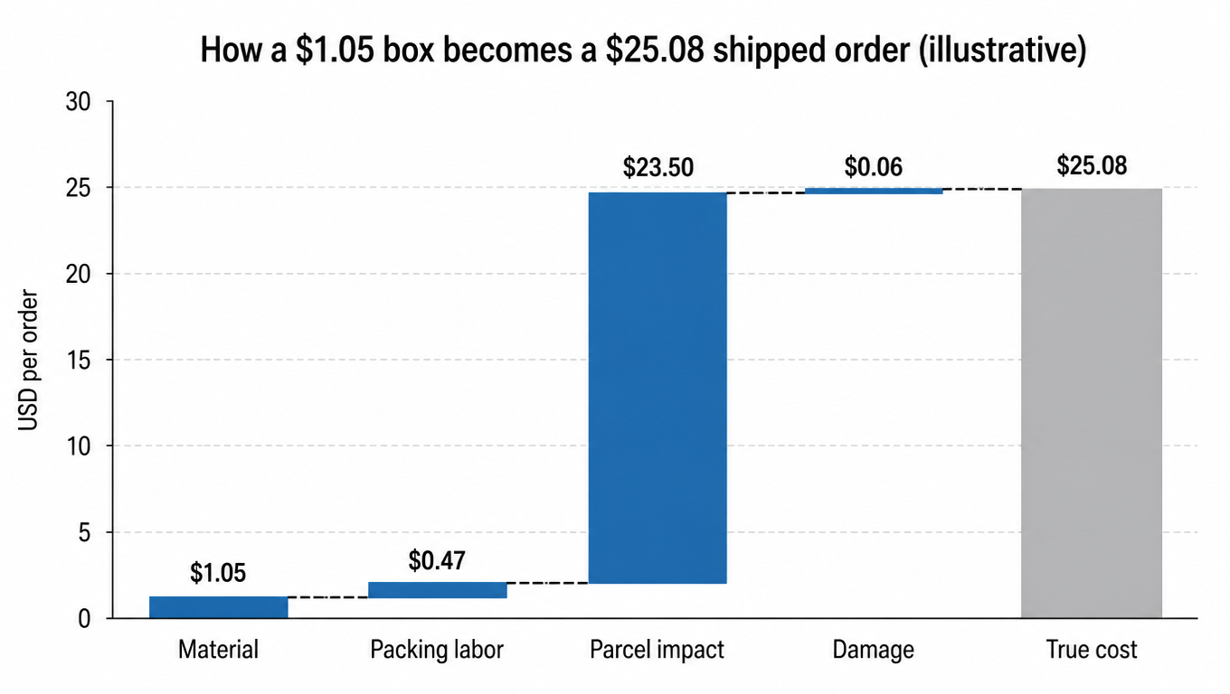Waterfall chart: how a $1.05 box becomes a $25.08 shipped order, material 1.05, packing labor +0.47, parcel impact +23.50, damage +0.06, true cost 25.08