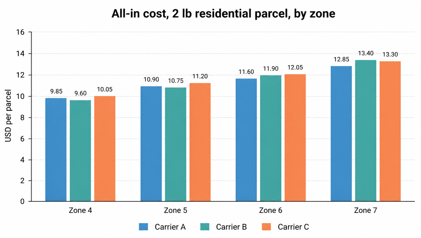 All-in cost for a 2 lb residential parcel across Zone 4 to Zone 7, bar comparison of Carrier A, B, and C, with C highest in every zone