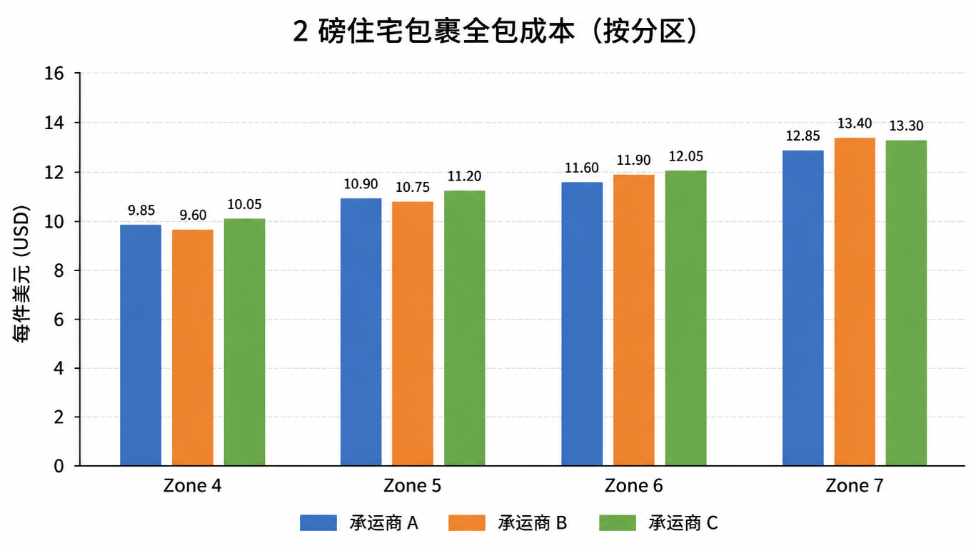 2 磅住宅包裹全包成本对比:Zone 4 到 Zone 7,承运商 A、B、C 三家柱状对比,C 在每一区都最高